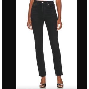 Agolde Freya High Rise Slim Distressed Black Raw Hem Jeans, Size 28